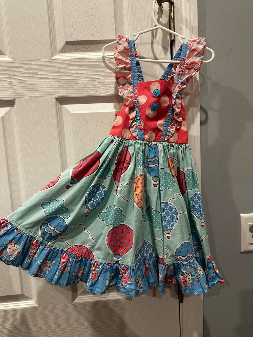 Girls Mint Hot Air Balloon Ruffle Dress with Coral Bodice